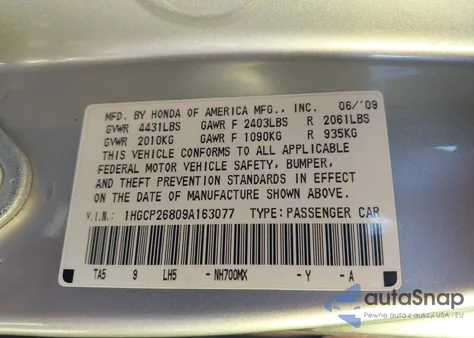 2009 Honda Accord 2.4 Ex-L z USA, uszkodzony, nr VIN 1HGCP26809A163077